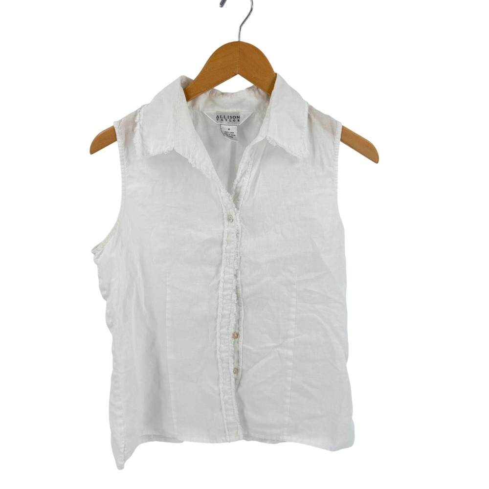 Allison Taylor Sleeveless Button Up White Medium Raw Edge 100% Linen Top